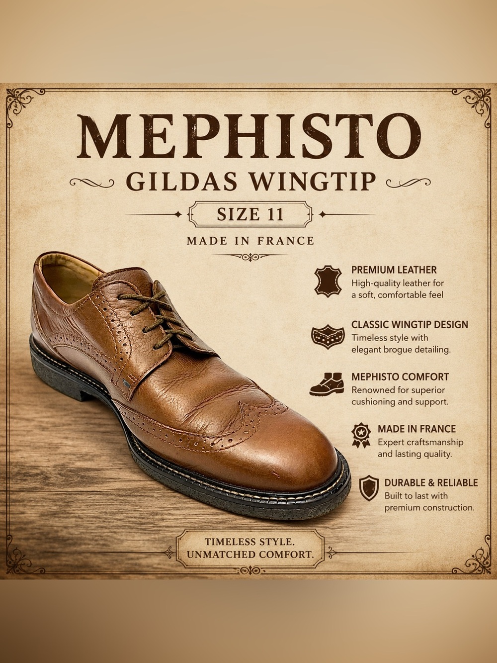 Mephisto Gildas Wingtip Shoes Brown Leather Men’s US 11 EUR 10.5